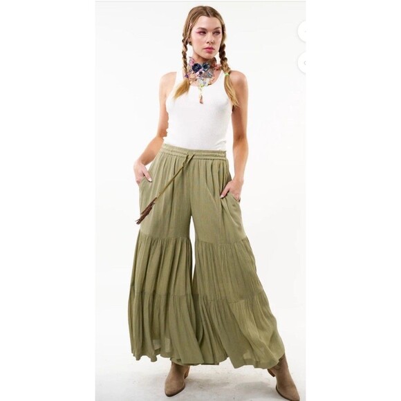 Aratta Silent Journey Dream Pants Medium Rust NEW Palazzo Pants Wide Leg Tiered - Picture 2 of 8
